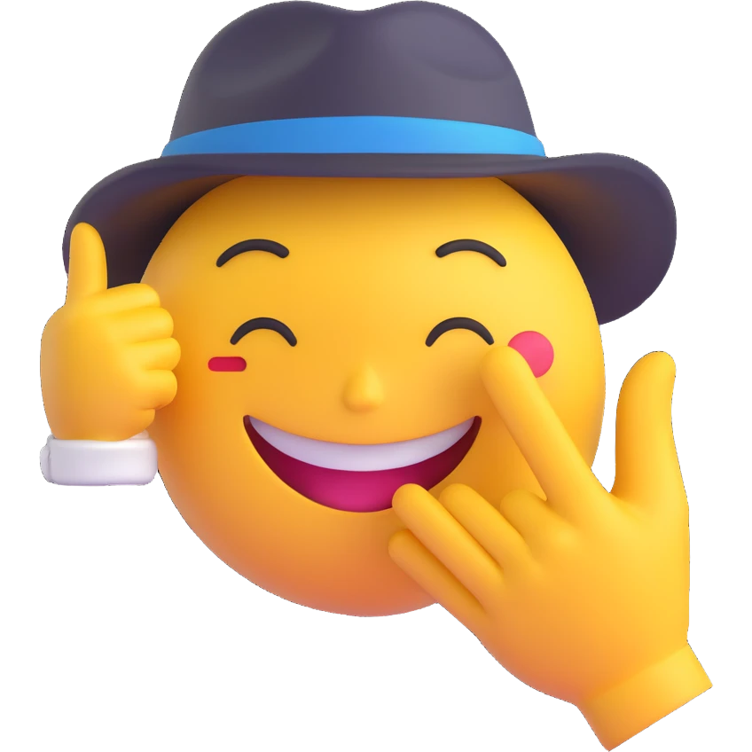 A smug-looking emoji with a wide, crooked grin and half-closed eyes, giving a cocky vibe, whilst mewing with his white hand pointing at his sharp jawline, showcasing a "sigma" look, wearing a hat. emoji