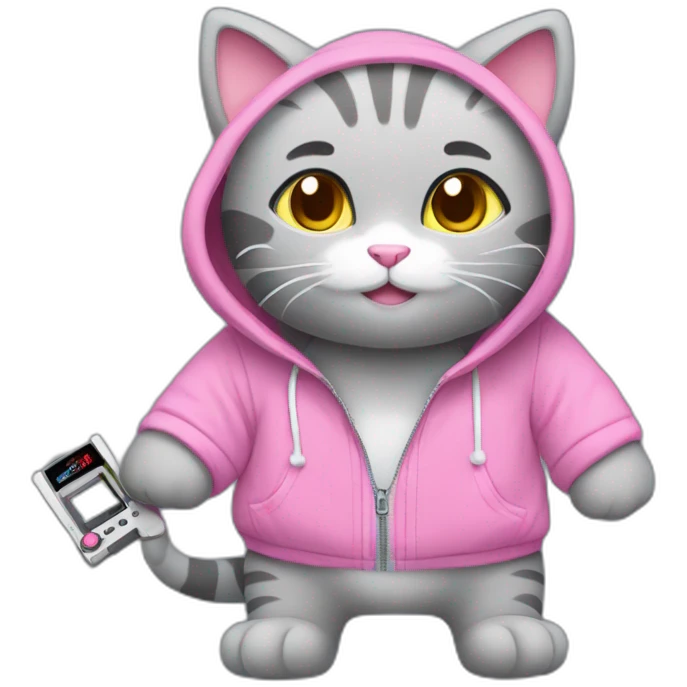 Cute gray stuffed cat playing with Nintendo Switch. This cat has a pink hoodie emoji