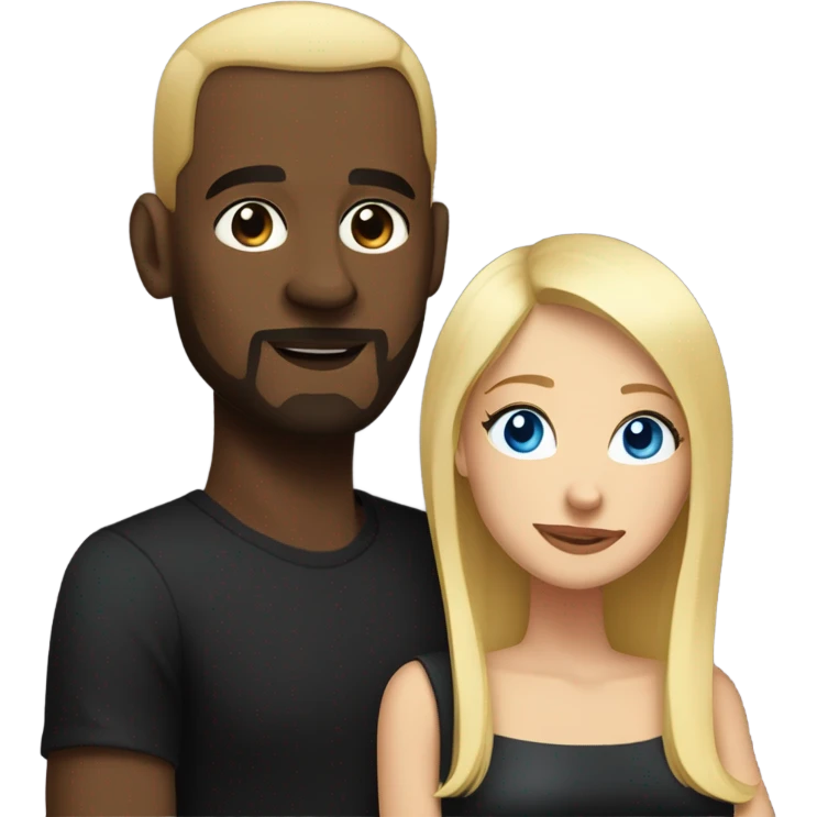 Blonde woman with blue eyes and long straight hair wearing a short black dress and a black man who is bald with a goatee seated together on a sofa enjoying a passionate embrace.   emoji