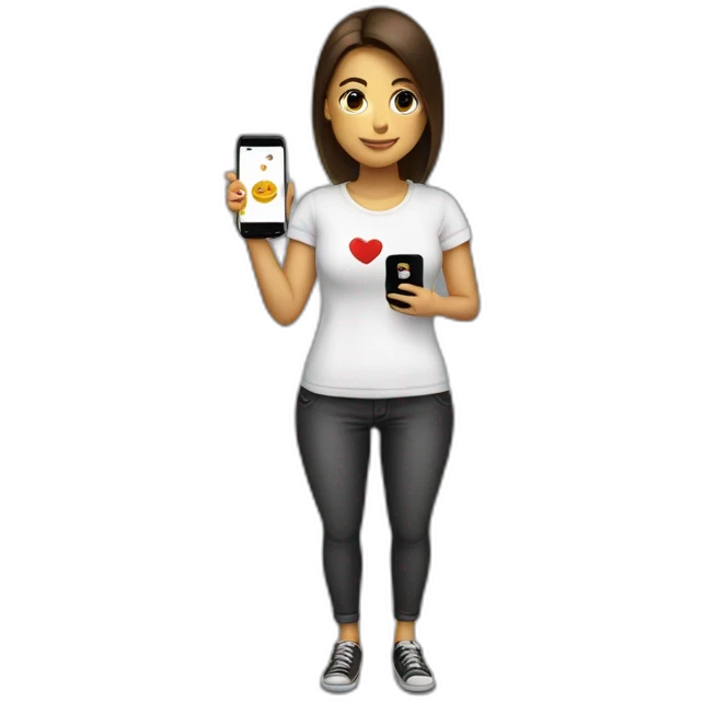 mujer con celular en mano y una remera que diga "I love chisme" emoji