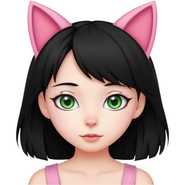 cute girl, pink cat ears, green eyes, black hair emoji