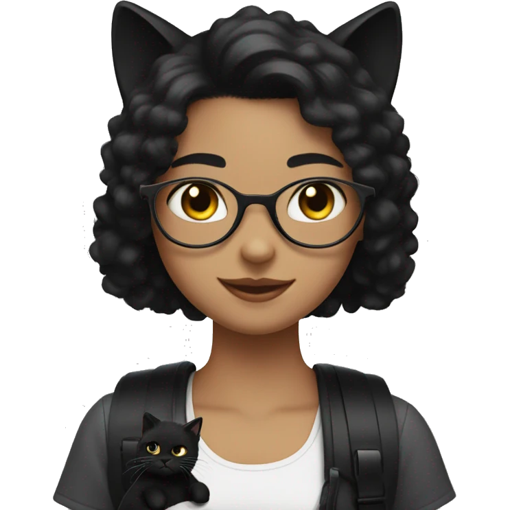 girl with black hair and braces with a black fluffy cat emoji