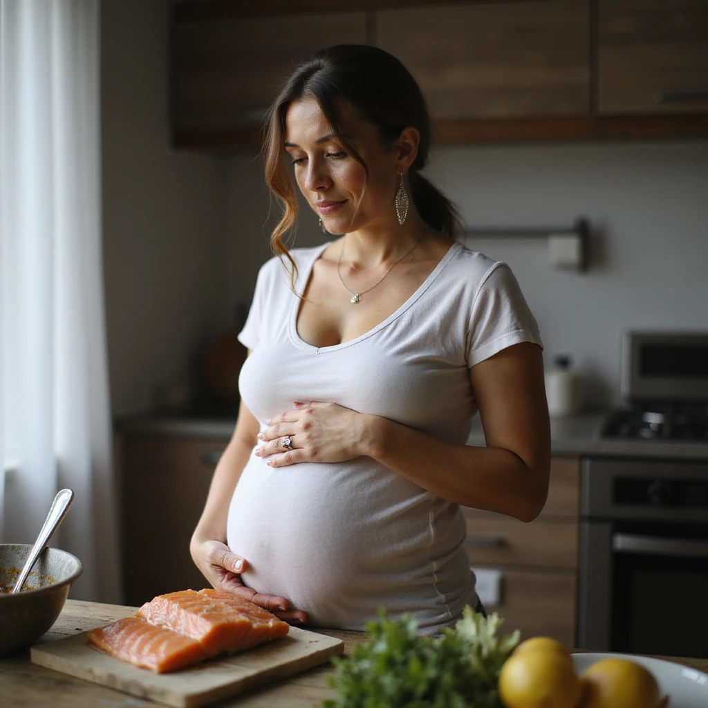 realistic pregnant woman in 4K cooking at home, setting aside raw salmon and choosing well-cooked fish instead, serene and protective expression emoji