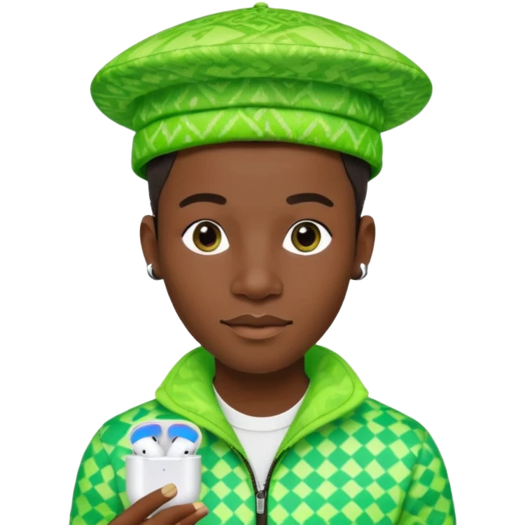 Create me an detailed emoji of a cool Young Nigerian prince wearing a neon green gradient African patterns with  a hat (a Nigerian-inspired patterned hat) and wearing apple airpods emoji