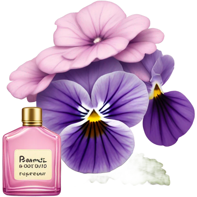 composition of aesthetically pleasing purple pansies, pastel pink daisies and a rosy vintage-style perfume bottle emoji
