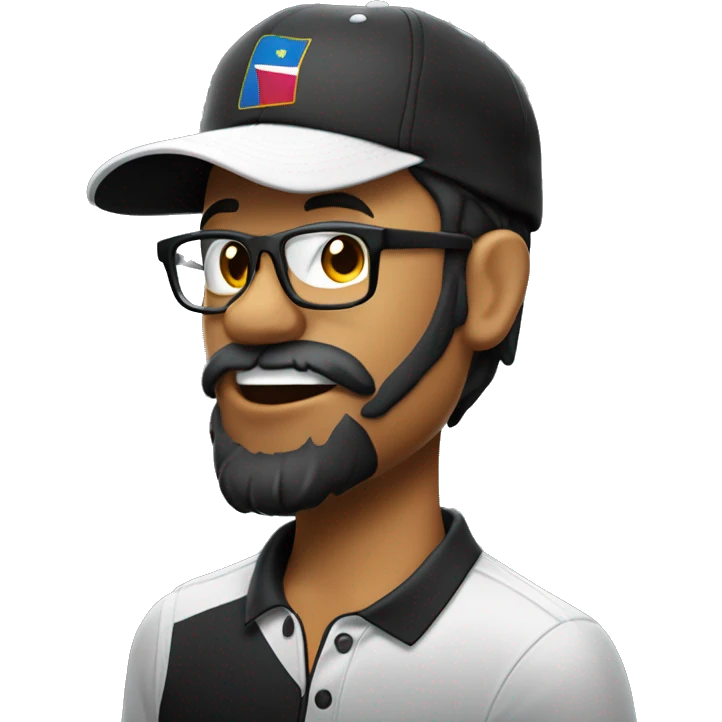 filipino golfer face wearing black rimmed glasses, 5 o clock shadow beard, wearing black cap. with silly face tongue out emoji