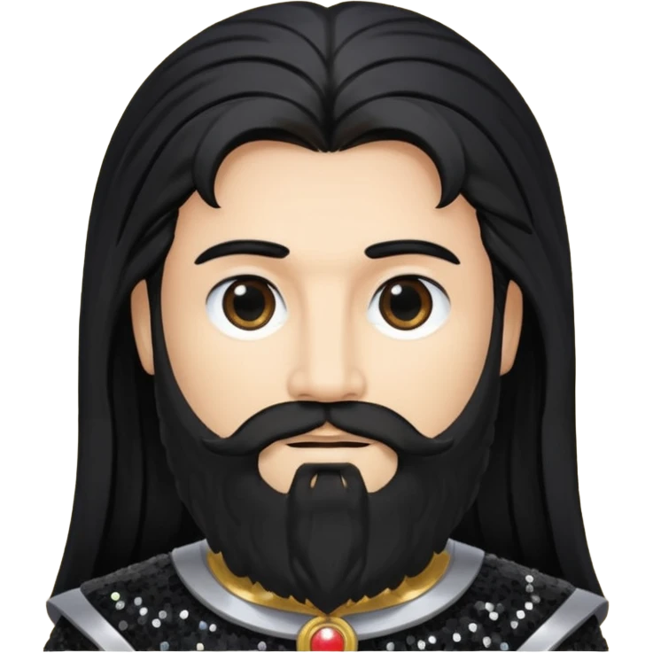 Saturn, God of Time with long black hair and beard, black sequin outfit emoji