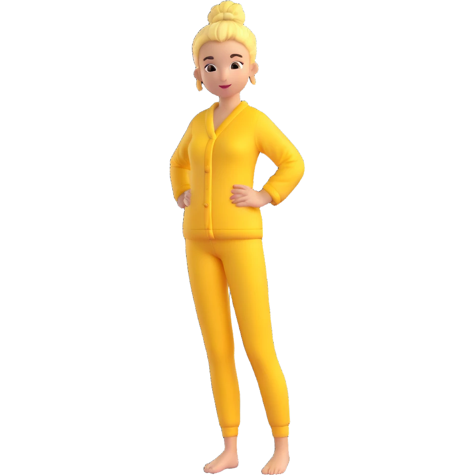 woman standing, wearing yellow pajamas, hair in a bun, full body emoji