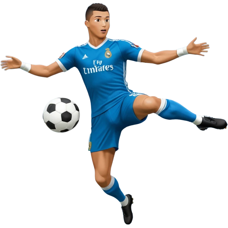 Ronaldo doing a bicycle kick with football in mid air While wearing a Retro blue Real madrid kit and yes i want it to be exactly the same as he Scored it in 2018 vs Juventus  emoji