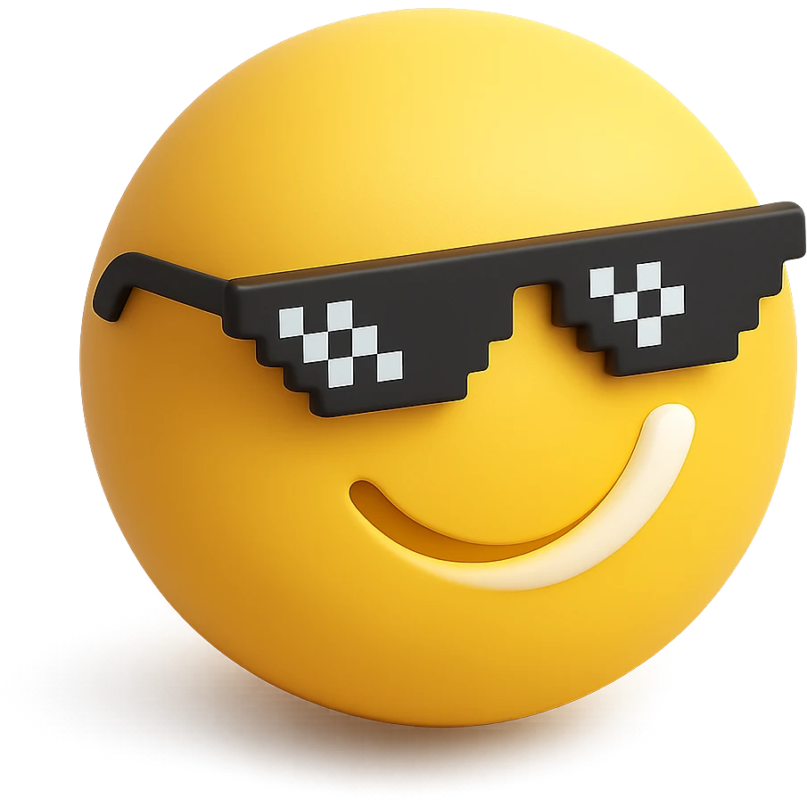 3d yellow emoji circle face with meme glasses, winking expression emoji