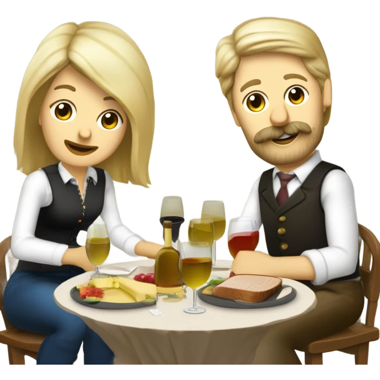 Repas raclette et deux verres de vin blanc en couple 50 ans, femme blonde cheveux aux-dessus des épaules homme petite barbe et moustache grisonnantes et cheveux bruns emoji