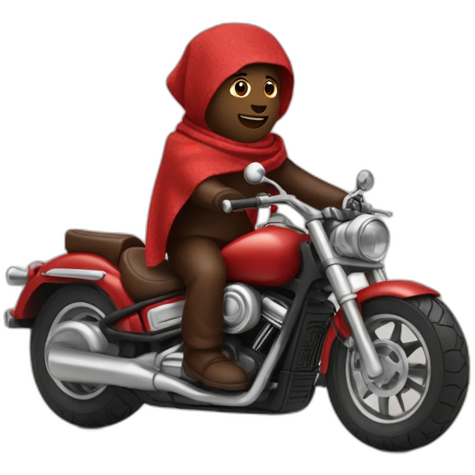 A chocolate brown doodle wearing a red and black handkerchief riding a motorcycle emoji