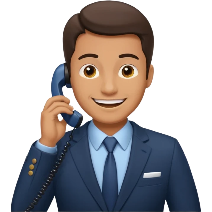 A man on the phone about to make a complaint but happy emoji