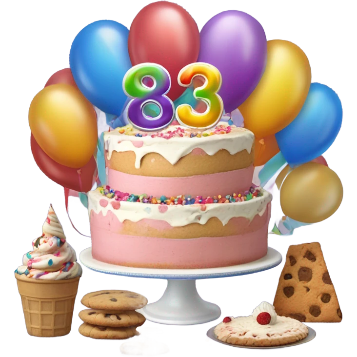 Put Happy 83rd Birthday!     In the background With cake,balloons, wine glasses,cookies, ice cream emoji
