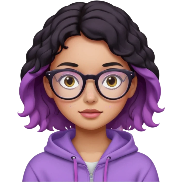 emoji of a woman, slighty tanned skin, cute freckles, pink cheeks, wavy black hair, big frame glasses and cute eyes, wearing a lilac hoodie  emoji