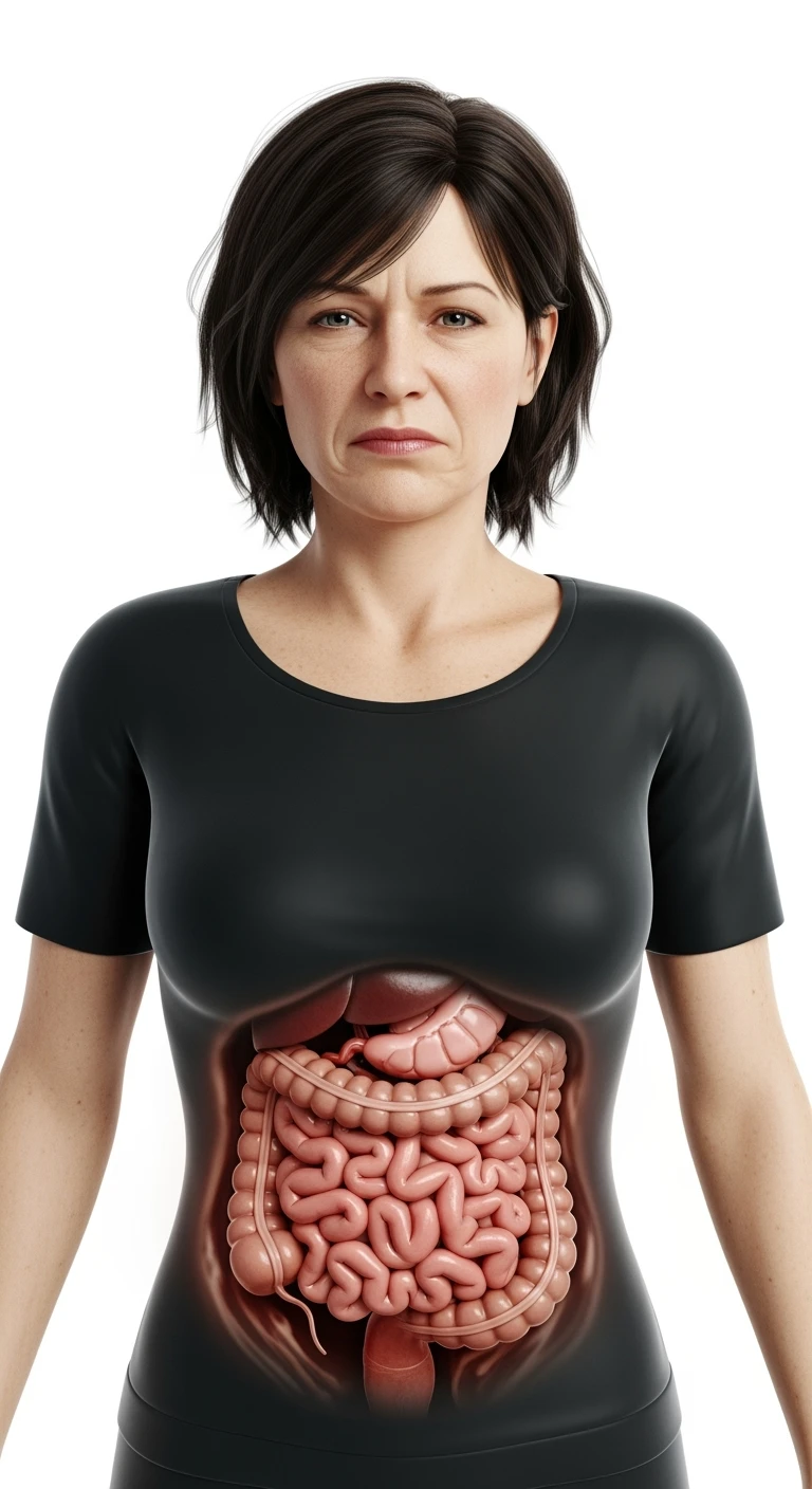 DONNA 50ENNE CON INTESTINO ANATOMICO REALISTICO DOLORANTE VISIBILE, iperrealistico 4k, ISOLATA SU SFONDO BIANCO emoji