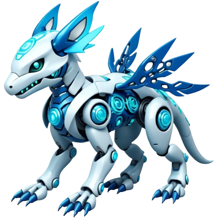 Futuristic mechanical modern badass cool shiny white with glowing cyan-blue animal Digimon Fakémon hybrid full body with intricate patterns emoji