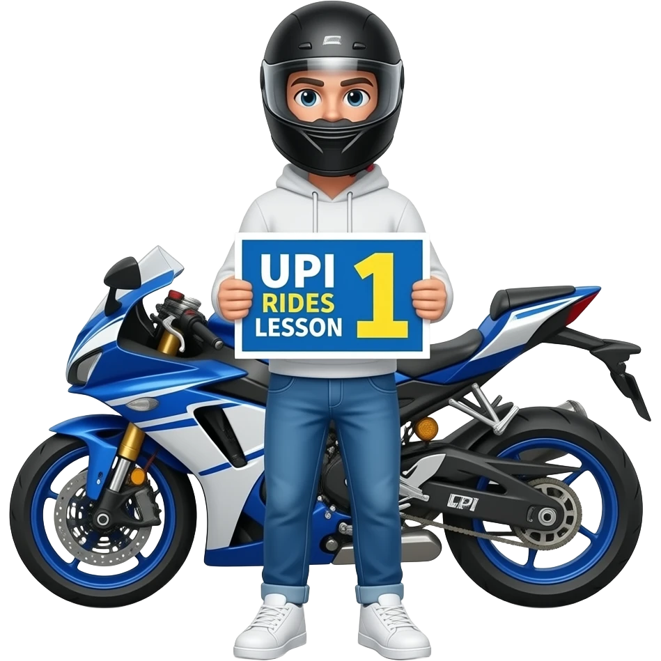 a man with a black helmet including a black vision wearing a white hoodie, bright blue jeans and white sneaker stands in front of a blue and white motorcycle and holding a UPI RIDES LESSON 1 sign emoji
