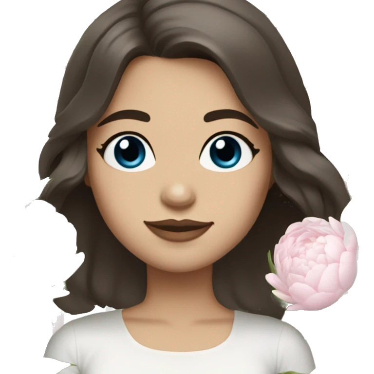 a white girl with shoulder length dark brown hair, blue eyes, small rosy lips holding a bouquet of white peonies emoji
