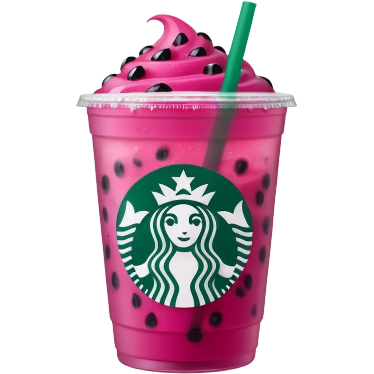 Starbucks dark pink dragonfruit refresher. flat on top. starbucks logo. emoji