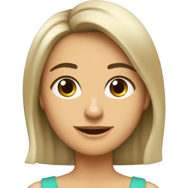 Mujer, morena, melena a la altura del hombro, flequillo recto, ojos castaños oscuros, sonriente, con hoyuelos, emoji