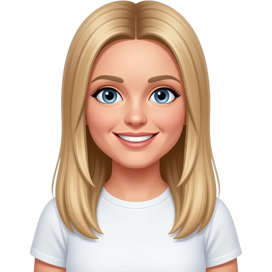 36 year old smiling woman with irish blue eyes, high forehead,  and long, straight, blonde hair with middle parting wearing a white t-shirt emoji
