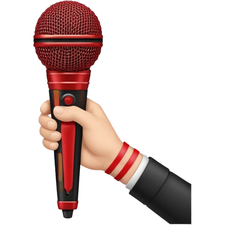 hand holding black stage microphone with red strip on bottom emoji