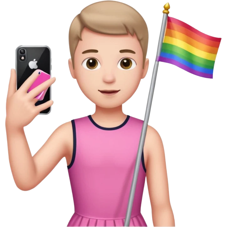 Make a boy in a pink dress hold a gay Flag in one hand and a phone in gis Otter while taking selfie emoji