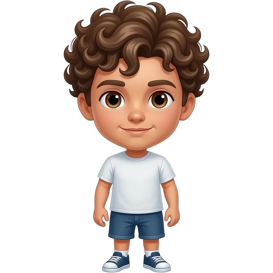 Hazme un chico con pelo rizado hacia abajo, ojos marrones, boca y nariz mediana. Bajito de constitución un poco fuerte un poco bronceado, camiseta y pantalon corto emoji