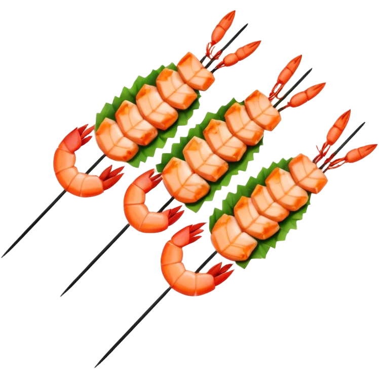 Draw grilled prawns on skewers with herbs & lemon slices. emoji