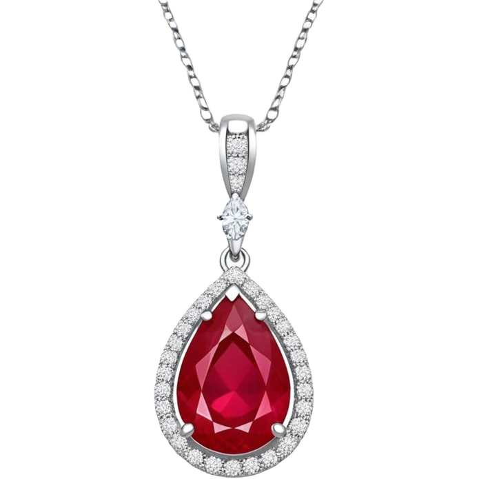 teardrop-shaped ruby pendant cradled in a delicate silver chain, haloed by shimmering white stones emoji