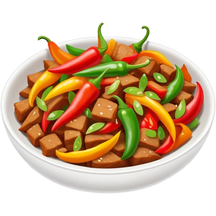Hunan spicy stir-fried pork with colorful peppers, simplified emoji style with bold outlines and bright colors, cartoon style Chinese spicy dish emoji