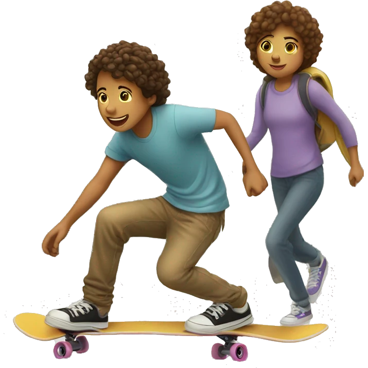 A young person on a skateboard is pushed by another emoji