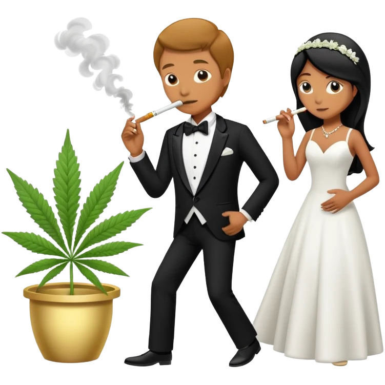 Full body view of a person in fancy clothes sneaking into a wedding ceremony smoking cannabis emoji