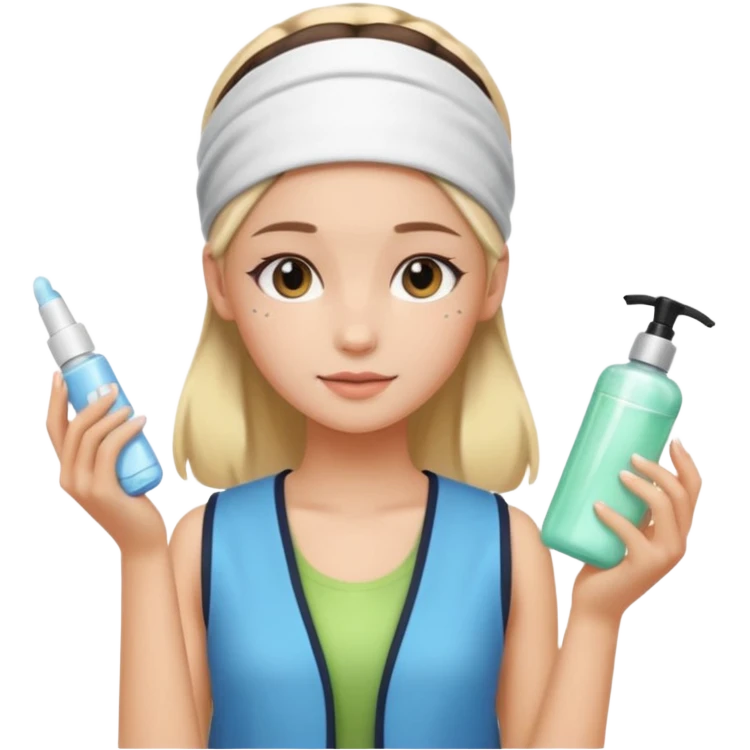 Clean girl aesthetic emoticons, apply skincare products, headband, glowing skin, vest, soft lighting
 emoji