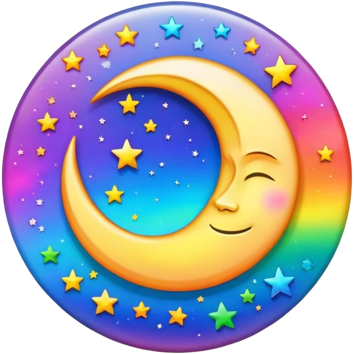 A round psychedelic colored button with rainbow colored moon and stars in the center emoji