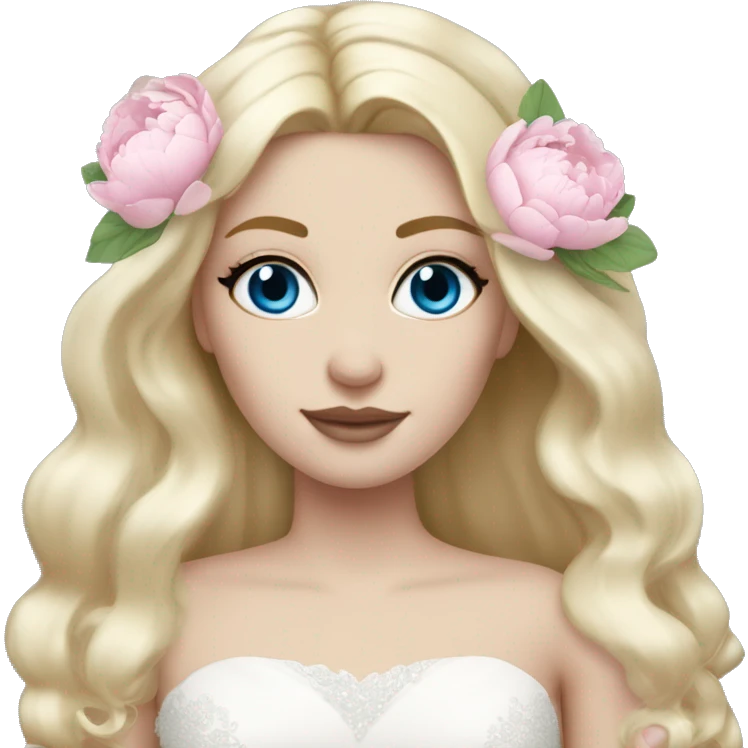 White bride with long light blonde hair and blue eyes with light pink peonies in hair white skin light pink lips emoji