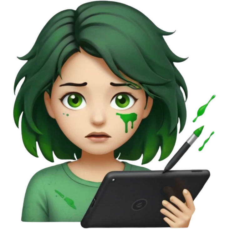 emoji holding and drawing on tablet using a stylus, looking down at screen in frustration, female, messy dark hair, green eyes, alternative/grunge style, screen slightly visible with splashes of color like a paint palette  emoji