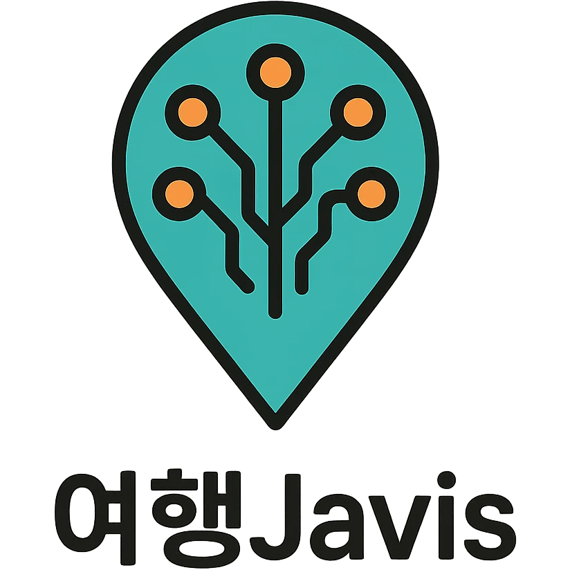 logo for '여행Javis' with a map pin merged with a stylized neural network or circuit pattern, simple and easy to recognize, suitable for favicon emoji