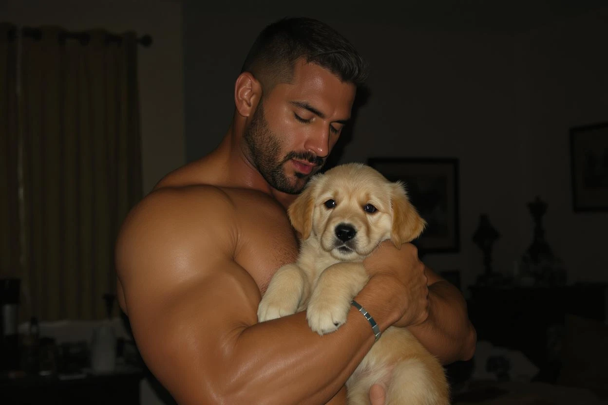 Photo of a musculated man holding puppy golden retriver, low key light emoji