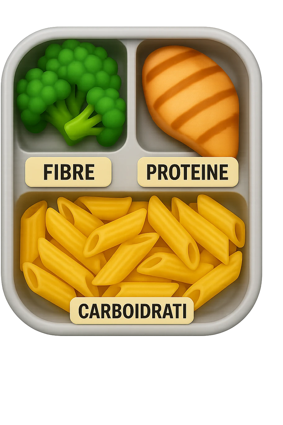 EMOJI STILE IPHONE DI una schiscetta vista dall'alto con 3 porzioni ben distinte: nelle porzioni scrivi le parole FIBRE, PROTEINE, CARBOIDRATI, iperrealistica 4k emoji