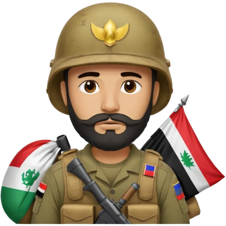 A tired and sad, swarthy Iraqi soldier with a beard, an Iraqi flag on his helmet, a sad expression and bags under his eyes emoji