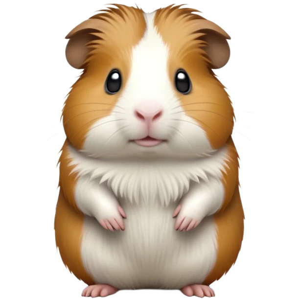 cinematic-[guinea pig]-realistic-full- long elongated body-standing-emoji,-tiny-paws-tucked-close,-head-tilted-dramatically,-fluffy-[brown and white]-fur,-simplified-yet-realistic-focused-features,-highly-detailed,-glowing-with-an-almost-sarcastic-glow emoji