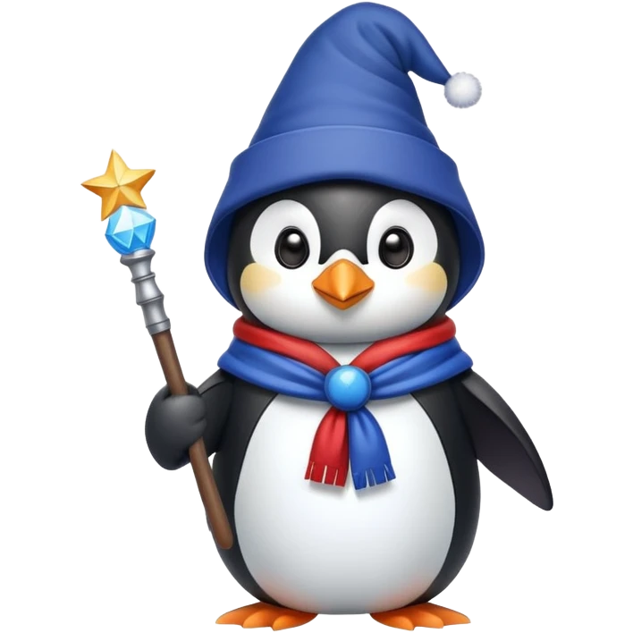 Penguin wizard wearing ushanka hat and holding magic wand with Russian flag colors emoji