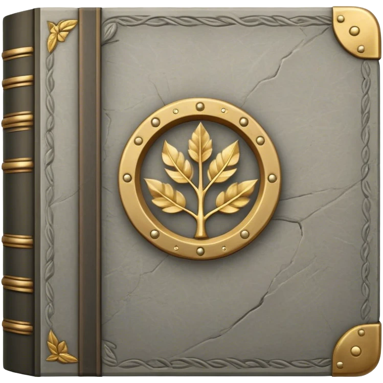 A gray, stone-textured book with bronze or gold details, featuring a mountain, a winding path, or a Roman laurel, radiating strength, resilience, and the wisdom of overcoming adversity emoji