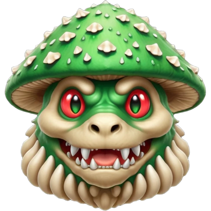 poisonous mushroom beast portrait, head and shoulders only, wolf-like face, mushroom cap growths on head, glowing green spores, sharp teeth, fantasy animal monster style, 3D cartoon, mobile game icon style, clean background, no text, no watermark

 emoji