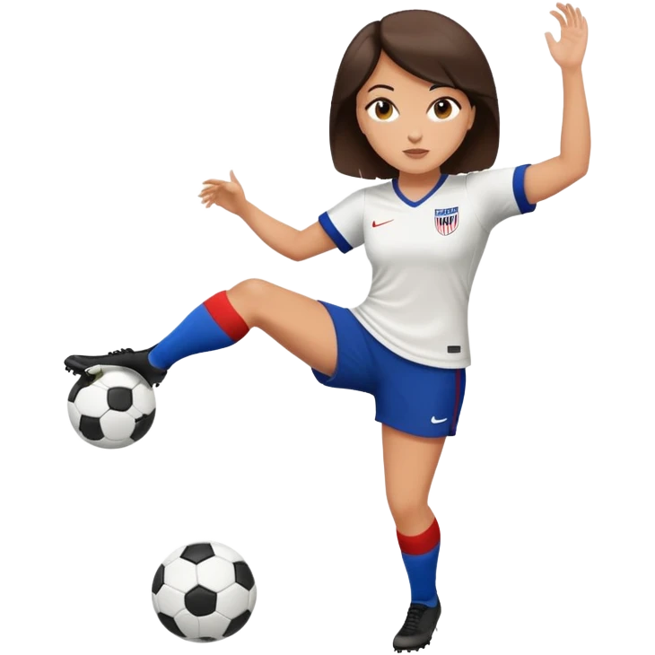Pretty, slightly curvy white woman with short dark brown hair wearing a USMNT jersey and kicking a soccer ball emoji