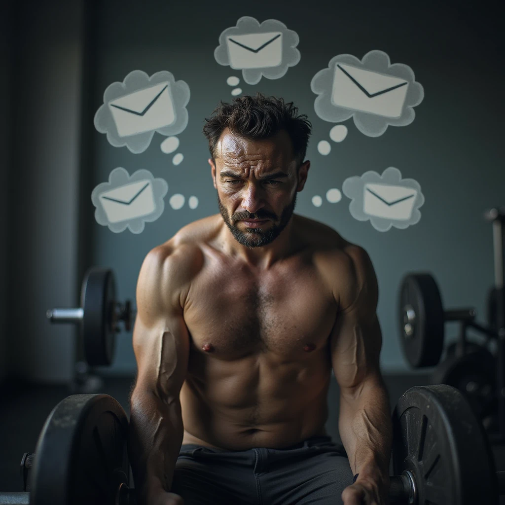 realistic, dramatic lighting; man in gym, not overly muscular, lifting weights, face and eyes show high stress and mental fatigue, sweat, background with visible thought clouds (emails, bills, deadlines, arguments), expressive posture, focus on psychological burden emoji