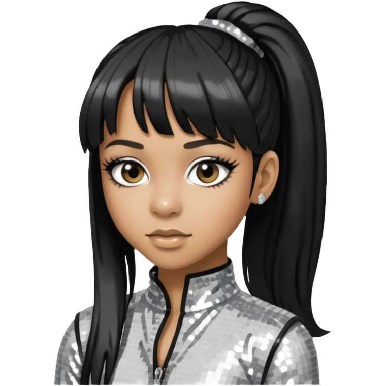 Left Eye from TLC with long black ponytail hair, silver sequin outfit emoji