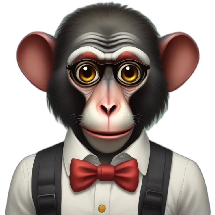 Portrait of a Mandrill with a human-like face wears a shirt and Suspenders in the shirt papillon like a clown emoji